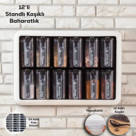 Porsima 1165 Random Standlı Kendinden Yapışkanlı Kaşıklı Kapaklı Baharatlık Seti 12'li -Siyah-Beyaz 