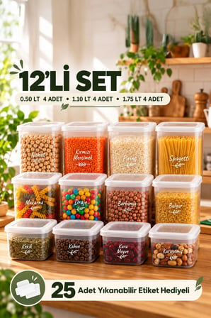 Porsima 1175 12'li Etiketli Renkli Kapaklı Gıda Erzak Saklama Kabı Seti