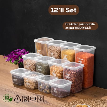 Porsima 1175 12'li Etiketli Renkli Kapaklı Gıda Erzak Saklama Kabı Seti