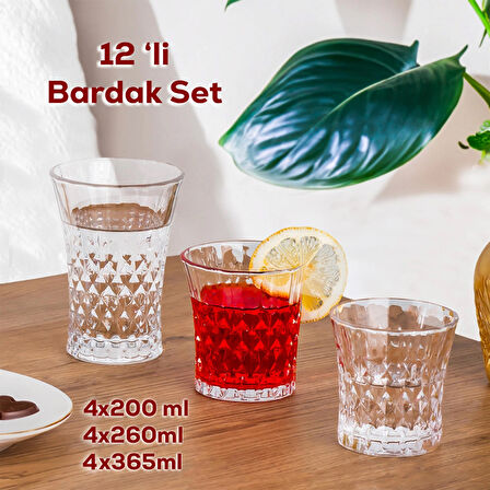 Porsima 234 12'li Cam Bardak Seti - Su, Kahve, Meşrubat Bardağı - Su, Bardak Takımı 200ml - 260ml - 365ml