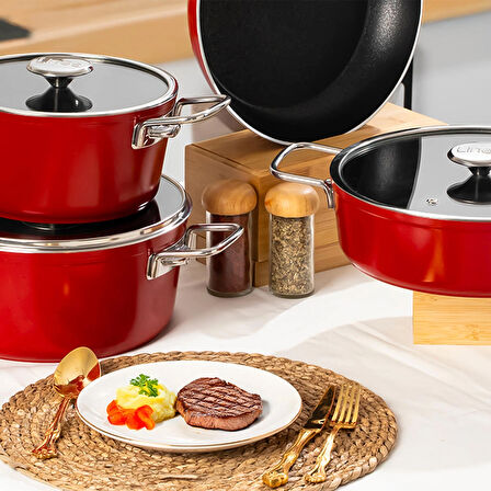 Lines Rozella 7 Parça Titanyum Tencere Seti - Kırmızı