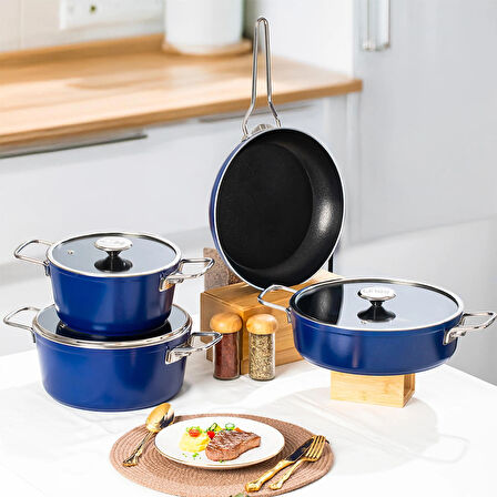 Lines Rozella 7 Parça Titanyum Tencere Seti - Mavi