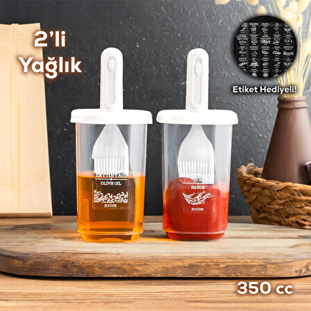 Porsima 0520 2'li Etiketli Silikon Fırçalı Yağlık - Sosluk-Yağdanlık Erzak Saklama Kabı 350cc - Beyaz