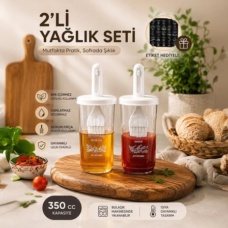 Porsima 0520 2'li Etiketli Silikon Fırçalı Yağlık - Sosluk-Yağdanlık Erzak Saklama Kabı 350cc - Beyaz