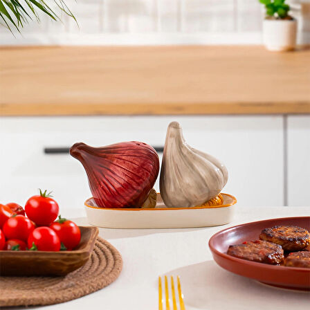 Porsima Mıo-036 Soğan Sarımsak Motifli 2li Standlı Tuzluk Biberlik Seti