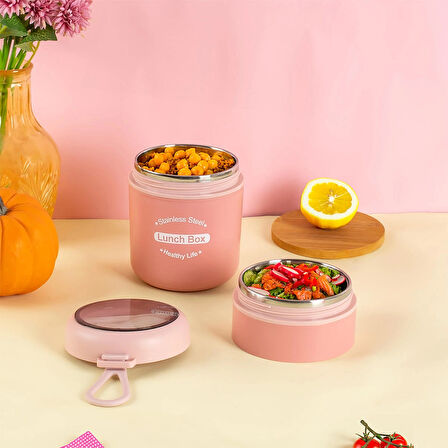 Porsima 66720 Yemek Termosu Çelik Yemek Termosu Lunch Box Taşınabilir Yemek Kabı Termos 710ML -Pembe