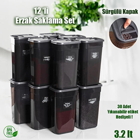 Porsima 2046 Etiketli 3,2 Litre 12 Li Saklama Kabı Bakliyat Saklama Kabı Erzak Saklama Kabı Seti - Siyah