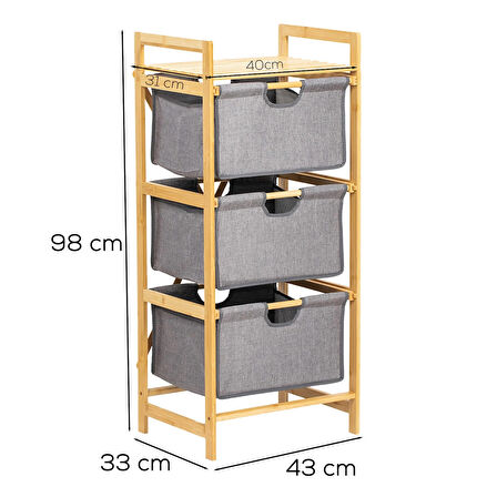 Porsima 2059 3 Katlı Çok Amaçlı Çekmeceli Organizer Dolap Ahşap Bambu Ayaklı 3 Hazneli Düzenleyici Kumaş Askılı Organizer Oyuncak Sepeti Banyo Mutfak Düzenleyicisi