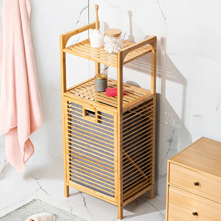 Porsima 2063 Ahşap Bambu Kirli Sepetli 2 Raflı Çok Amaçlı Banyo Düzenleyici Organizer Banyo Dolabı Kirli Çamaşır Sepeti Organizeri