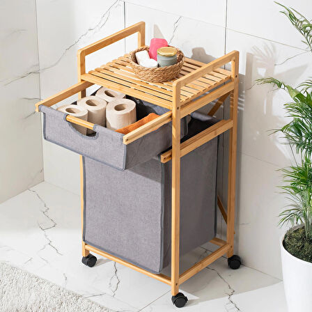 Porsima 2064 Tekerlekli Ahşap Bambu Kirli Sepetli 2 Raflı Çok Amaçlı Banyo Düzenleyici Organizer Banyo Dolabı Kirli Çamaşır Sepeti Organizeri