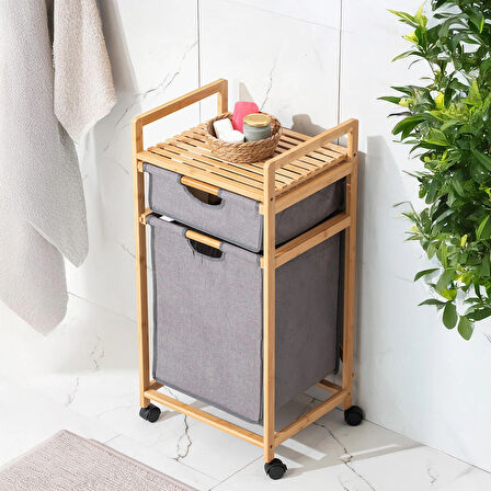 Porsima 2064 Tekerlekli Ahşap Bambu Kirli Sepetli 2 Raflı Çok Amaçlı Banyo Düzenleyici Organizer Banyo Dolabı Kirli Çamaşır Sepeti Organizeri