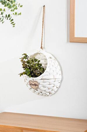 Porsima 2065 Beyaz Dekoratif Çok Amaçlı Saksılık Hasır Modelli Saksı Çiçeklik 25x25cm