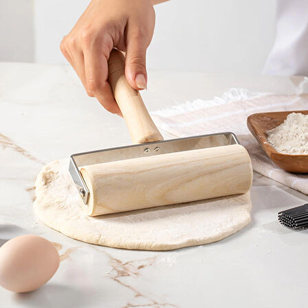 Porsima 2076 Ahşap Saplı Rulo Merdane Oklava Pürüzsüz Oklava Pizza Börek Açma Oklava