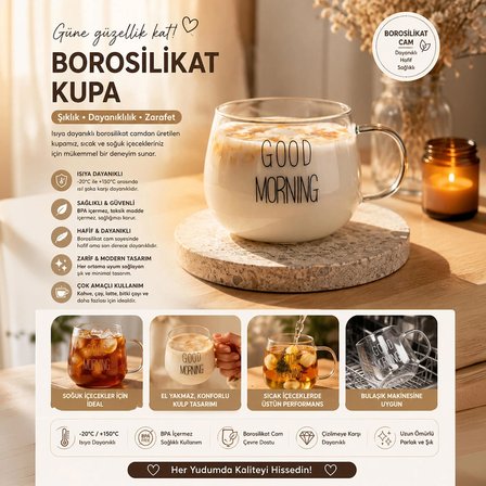 Porsima 2088 Borosilikat Isıya Ateşe Dayanıklı Cam Kulplu Çay Bardağı Kahve Bardak Kupa Şeffaf 400 ml