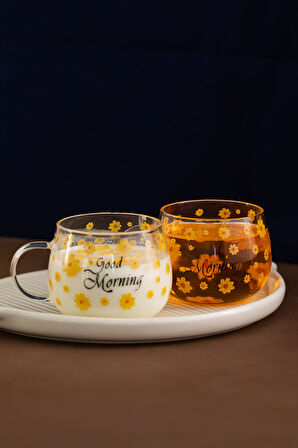 Porsima 2089 Borosilikat Isıya Ateşe Dayanıklı Cam Kulplu Çay Bardağı Kahve Bardak Kupa Sarı 400 ml