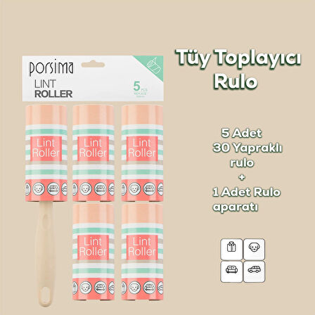 Porsima 3104 Kedi Köpek Tüy Toplayıcı Rulo + 4 Adet Yedek Rulo Krem