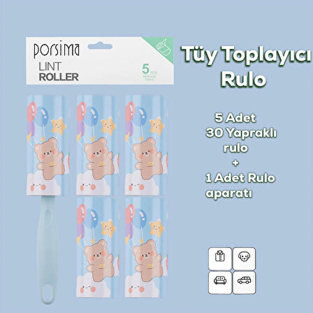 Porsima 3105 Kedi Köpek Tüy Toplayıcı Rulo + 4 Adet Yedek Rulo Mavi