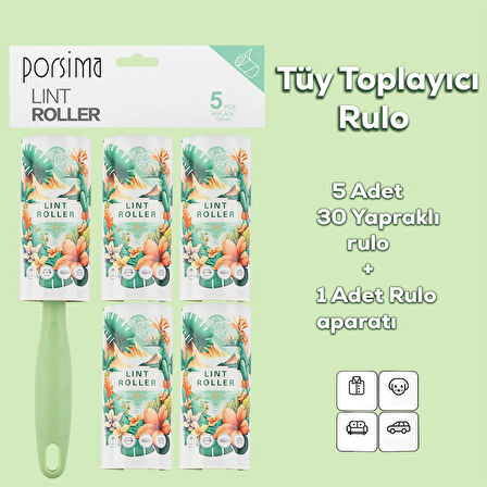 Porsima 3107 Kedi Köpek Tüy Toplayıcı Rulo + 4 Adet Yedek Rulo Yeşil