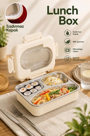 Porsima 3110 Paslanmaz Çelik 3 Bölmeli Vakumlu Yemek Termosu Beslenme Kutusu Taşınabilir Lunch Box Sefer Tası - Krem