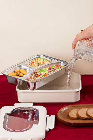 Porsima 3110 Paslanmaz Çelik 3 Bölmeli Vakumlu Yemek Termosu Beslenme Kutusu Taşınabilir Lunch Box Sefer Tası - Krem