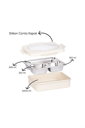 Porsima 3110 Paslanmaz Çelik 3 Bölmeli Vakumlu Yemek Termosu Beslenme Kutusu Taşınabilir Lunch Box Sefer Tası - Krem