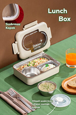 Porsima 3111 Paslanmaz Çelik 3 Bölmeli Vakumlu Yemek Termosu Beslenme Kutusu Taşınabilir Lunch Box Sefer Tası - Krem