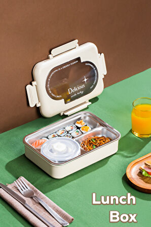 Porsima 3111 Paslanmaz Çelik 3 Bölmeli Vakumlu Yemek Termosu Beslenme Kutusu Taşınabilir Lunch Box Sefer Tası - Krem