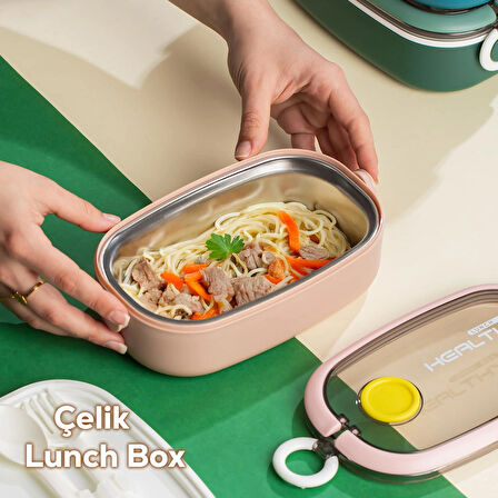 Posima 3114 Stainless Steel Vakumlu Lunch Box Tek Katlı Paslanmaz Çelik Kolay Kilitlenir Kendinden Kaşıklı Sefer Tası – 750ml Pembe