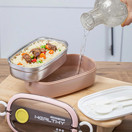 Posima 3114 Stainless Steel Vakumlu Lunch Box Tek Katlı Paslanmaz Çelik Kolay Kilitlenir Kendinden Kaşıklı Sefer Tası – 750ml Pembe