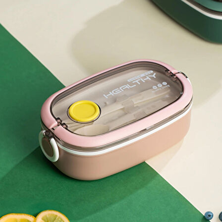 Posima 3114 Stainless Steel Vakumlu Lunch Box Tek Katlı Paslanmaz Çelik Kolay Kilitlenir Kendinden Kaşıklı Sefer Tası – 750ml Pembe