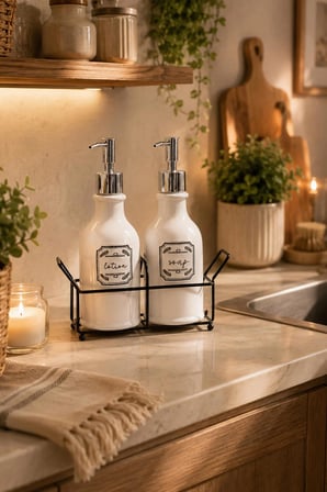 Porsima 3115 Gümüş Kapaklı Porselen 2li Sıvı Sabunluk – Beyaz 700 ml