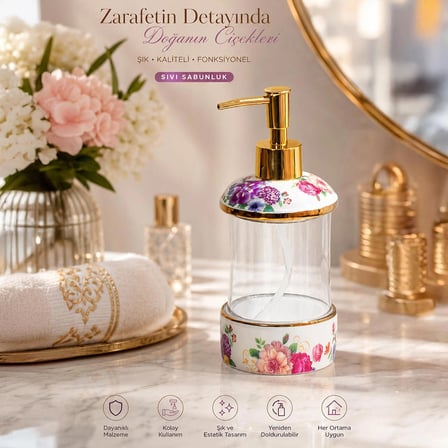 Porsima 3127 Gold Kapaklı Porselen ve Cam Sıvı Sabunluk – Çiçek Desenli ve Şeffaf Tasarım 350 ml