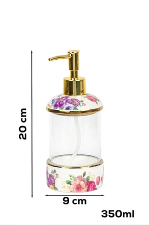 Porsima 3127 Gold Kapaklı Porselen ve Cam Sıvı Sabunluk – Çiçek Desenli ve Şeffaf Tasarım 350 ml