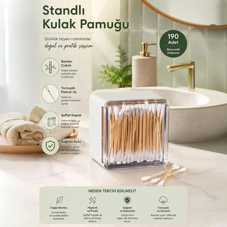 Porsima 3134 Doğal Ahşap Bambu Saplı Standlı Kulak Temizleme Çubuğu Seti- 190 Adet Renkli