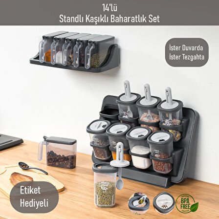 Porsima 8li-6lı Etiketli Kendinden Yapışkanlı Tezgah Üstü Kaşıklı Standlı Döner Kapaklı Baharatlık Seti 