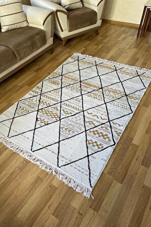 SİMEREV HALI Pamuk Dokuma Yumuşak Çift Taraflı Yıkanabilir Saçaklı Salon Mutfak Yolluk Kilim