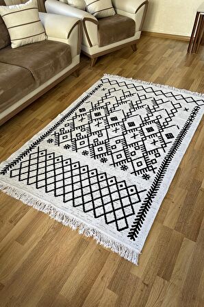 SİMEREV HALI Pamuk Dokuma Yumuşak Çift Taraflı Yıkanabilir Saçaklı Salon Mutfak Yolluk Kilim