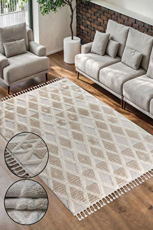 Bukle Dokuma Yumuşak Halı Salon Oturma Odası Mutfak Yatak Odası Yolluk Kilim Krem Bej