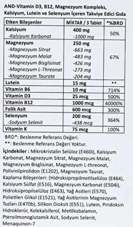 Vitamin D3 K2 B12 B9 B6 Magnezyum Kompleks, Kalsiyum, Lutein ve Selenyum İçeren Gıda Takviyesi