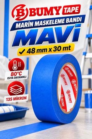 Bumy Mavi Maskeleme Bandı 48 mm x 30 Metre Marin Boya Bantı Isıya Dayanıklı Bant Kağıt Bantları