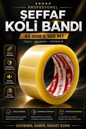 Şeffaf Koli Bandı 45 mm x 100 METRE Güçlü Yapışkanlı Paketleme Bantı Bantları Kopmayan
