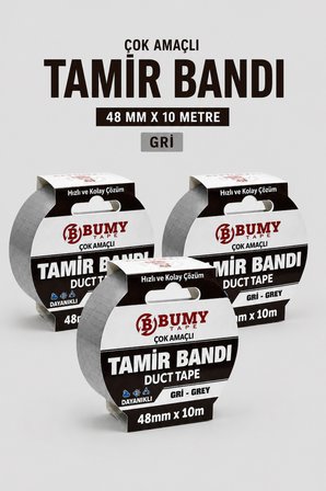 3 ADET GRİ Tamir İzolasyon Bandı 48 Mm X 10 METRE Duct Tape Su Geçirmez Sızdırmazlık Takviye Bantı