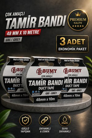 3 ADET GRİ Tamir İzolasyon Bandı 48 Mm X 10 METRE Duct Tape Su Geçirmez Sızdırmazlık Takviye Bantı