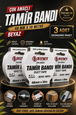 3 ADET BEYAZ Tamir İzolasyon Bandı 48 Mm X 10 METRE Duct Tape Su Geçirmez Sızdırmazlık Takviye Bantı