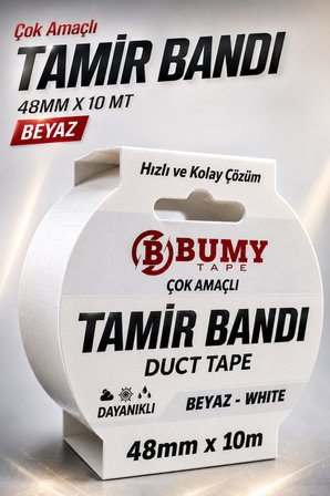 3 ADET BEYAZ Tamir İzolasyon Bandı 48 Mm X 10 METRE Duct Tape Su Geçirmez Sızdırmazlık Takviye Bantı