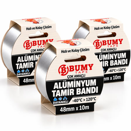 3 Adet Alüminyum Folyo Tamir Bandı Yanmaz 48 mm x 10 Metre Isıya Dayanıklı Soba Borusu Bantı