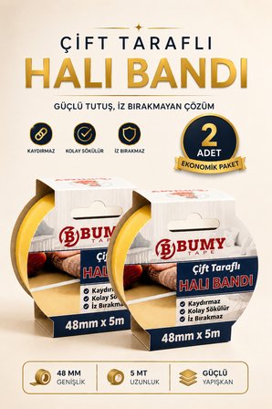 2 ADET Çift Taraflı Halı Bandı 48 mm x 5 m Kaydırmaz Halı Sabitleme Bandı İz Bırakmayan Güçlü Yapışkan Bant