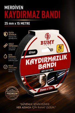 Merdiven Zemin Kaydırmaz Bant (2.5 CM X 15 METRE) Yapışkanlı Yer Zemin Kaymaz Bandı Siyah Bantları