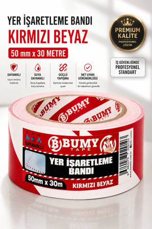 Yer İşaretleme Bandı Kırmızı Beyaz 50 mm x 30 METRE PVC Güvenlik Şerit Bantı Bantları