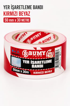 Yer İşaretleme Bandı Kırmızı Beyaz 50 mm x 30 METRE PVC Güvenlik Şerit Bantı Bantları
